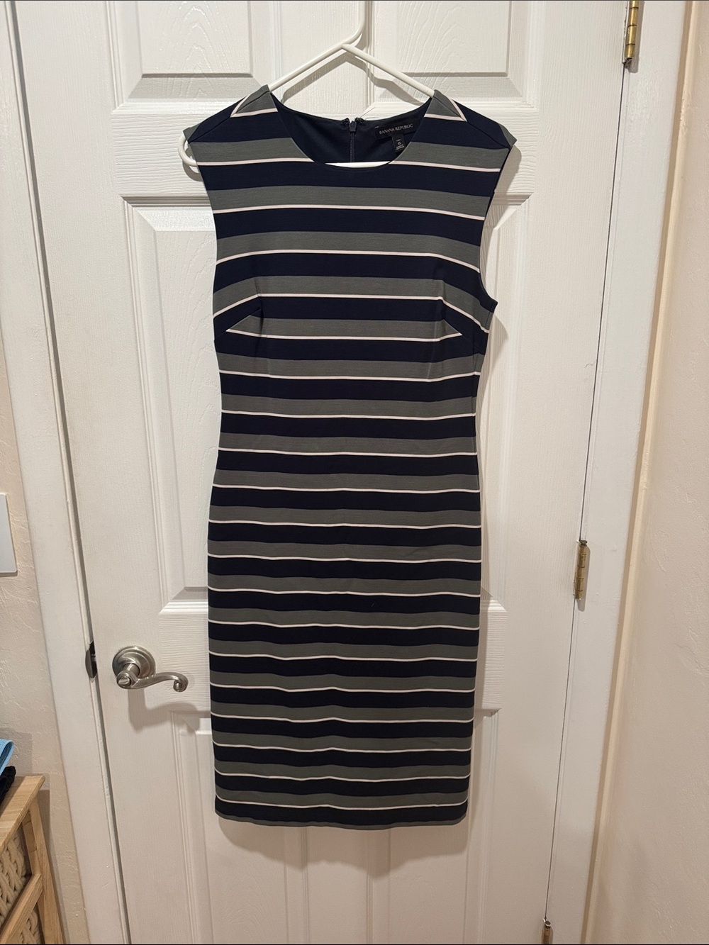 Banana Republic Navy and Gray Striped Cap-Sleeve Sheath Dress